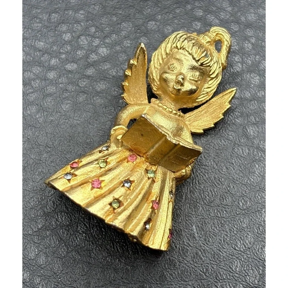 Vintage Mylu Gold Tone Angel Wings Hymn Book Brooch Pin Crystal Rhinestones